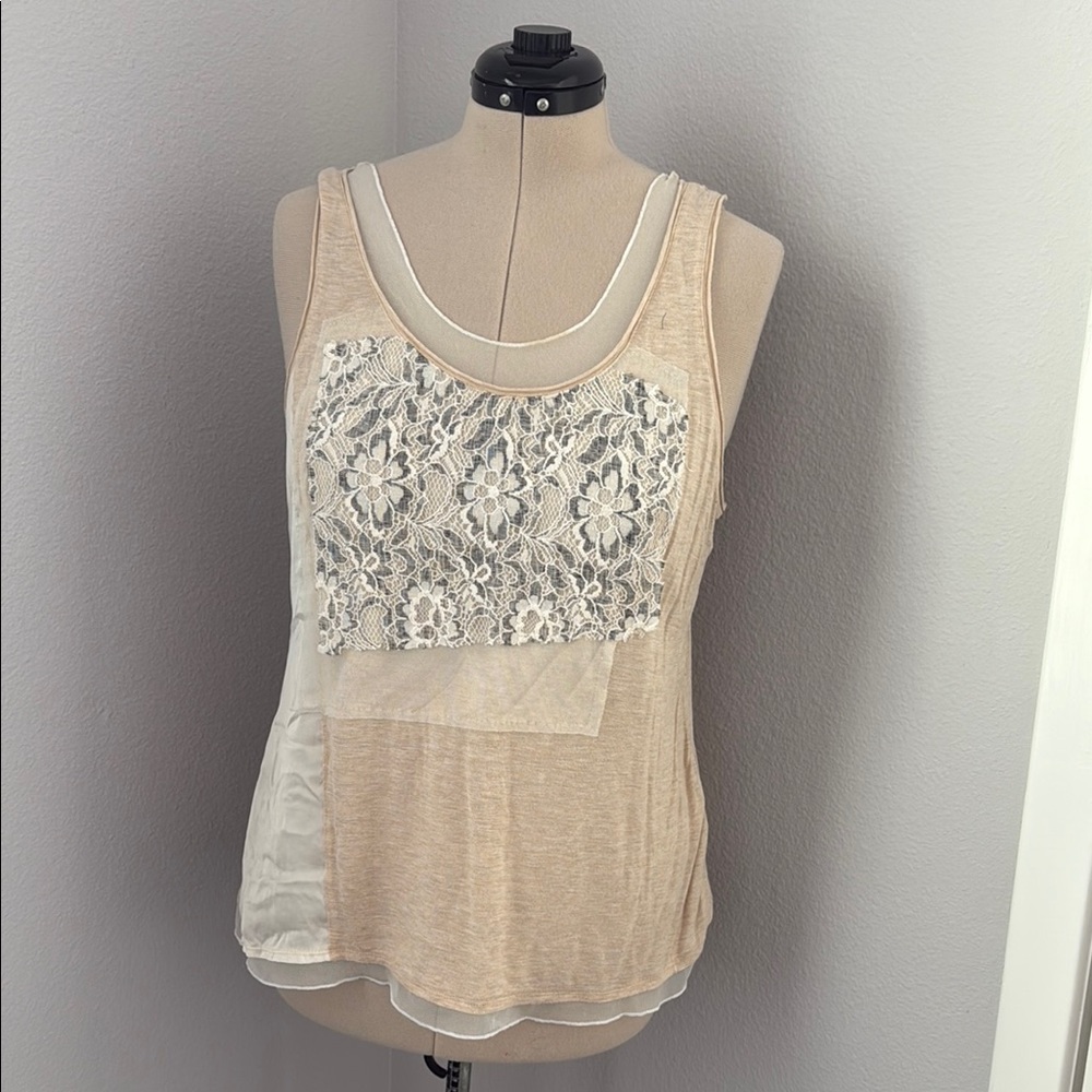 Tan Beaded Tank Top with Wide Straps and Scoop Neckline